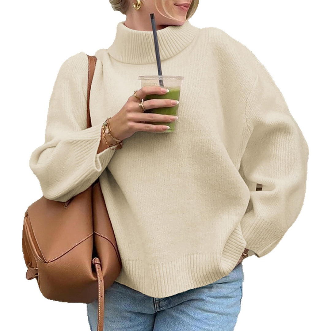 Damen oversize Rollkragenpullover mit breitem Rippkragen, voluminösen Ballonärmeln und verlängertem Bündchen – Mavelle