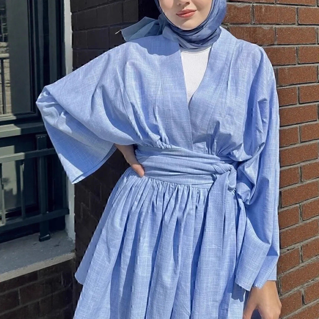 Damen Kimono-Wickelkleid in Leinenoptik mit weitem Rock und Bindegürtel Echoarchiv