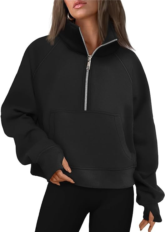 Damen nan cropped Halbzip-Sweatshirt mit hohem Stehkragen, Kängurutasche und überschnittener Schulter Echo Archiv