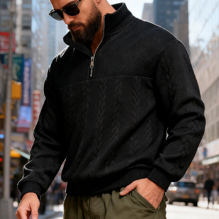 Herren Fleece-Pullover mit halbem Reißverschluss und strukturiertem Muster Echoarchiv