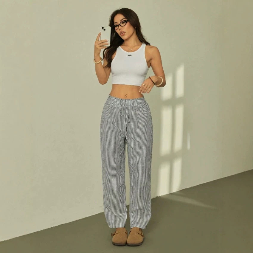 Damen Leinenoptik-Relaxhose mit High-Waist, Kordelzug und Nadelstreifen – Avélisse