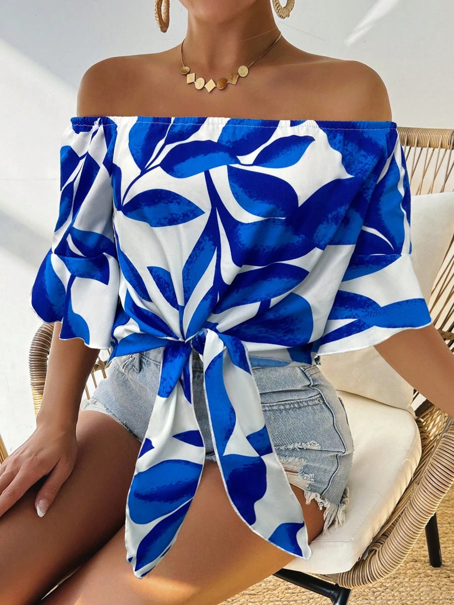 Damen Off-Shoulder Bluse mit floralem Muster und taillierbarem Knoten Echo Archiv