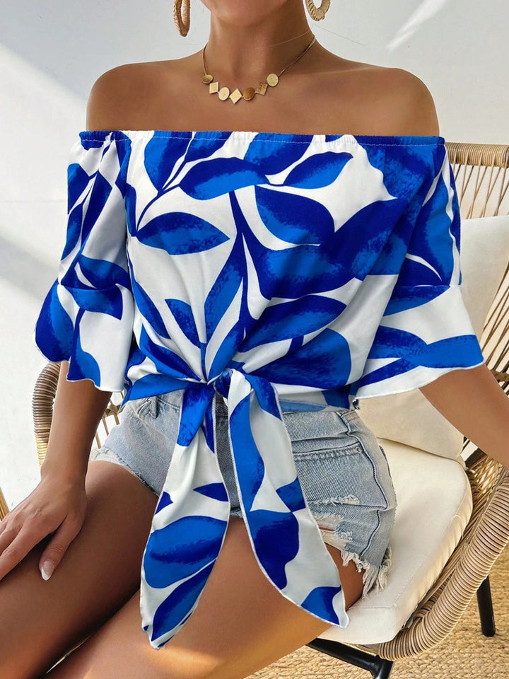 Damen Off-Shoulder Bluse mit floralem Muster und taillierbarem Knoten Echo Archiv