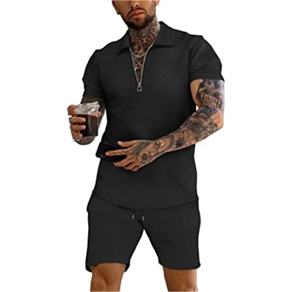 Herren Kurzarm-Poloshirt mit diagonalen Strukturmustern und modischem Reißverschluss Echoarchiv