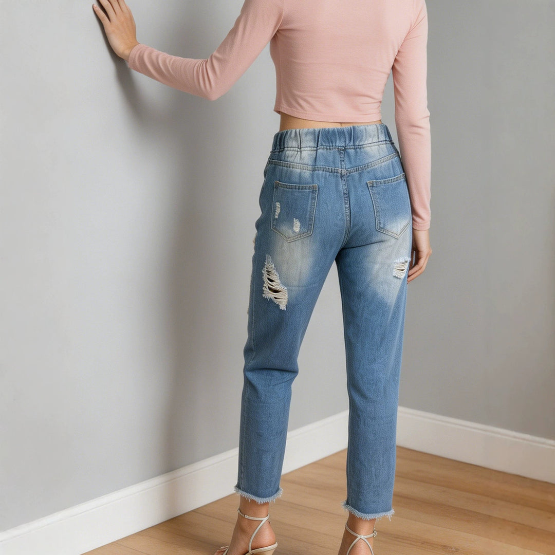 Damen nan lockere Destroyed-Denim Jogger mit elastischem Kordelbund und ausgefranstem Knöchelabschluss Echo Archiv