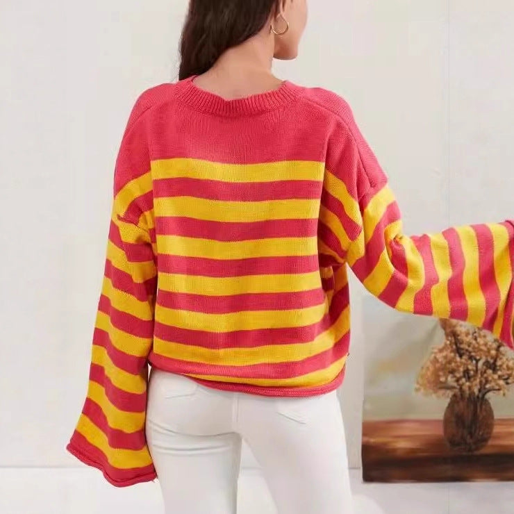 Damen Modischer gestreifter Crop-Pullover mit Blumenmuster – Mavelle