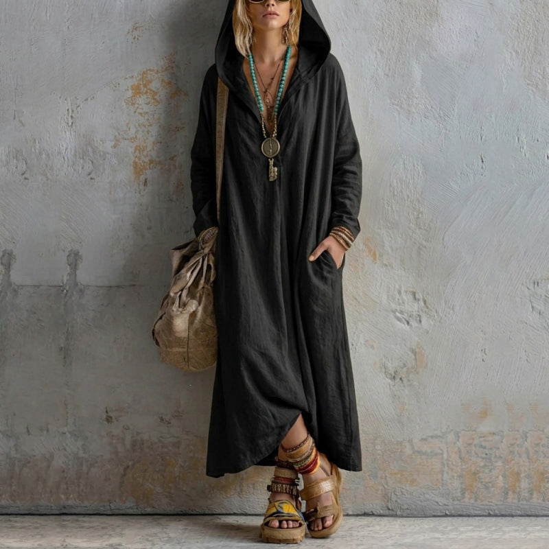 Damen Langes Kapuzenkleid im Boho-Look mit V-Ausschnitt, Eingrifftaschen und lockerem Fall Echoarchiv