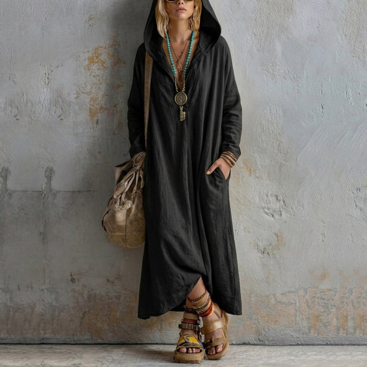 Damen Langes Kapuzenkleid im Boho-Look mit V-Ausschnitt, Eingrifftaschen und lockerem Fall Echoarchiv