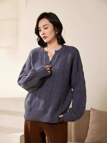 Damen Oversize Zopfstrick-Pullover mit V‑Einsatz und kaschmirähnlicher Weichheit Echoarchiv