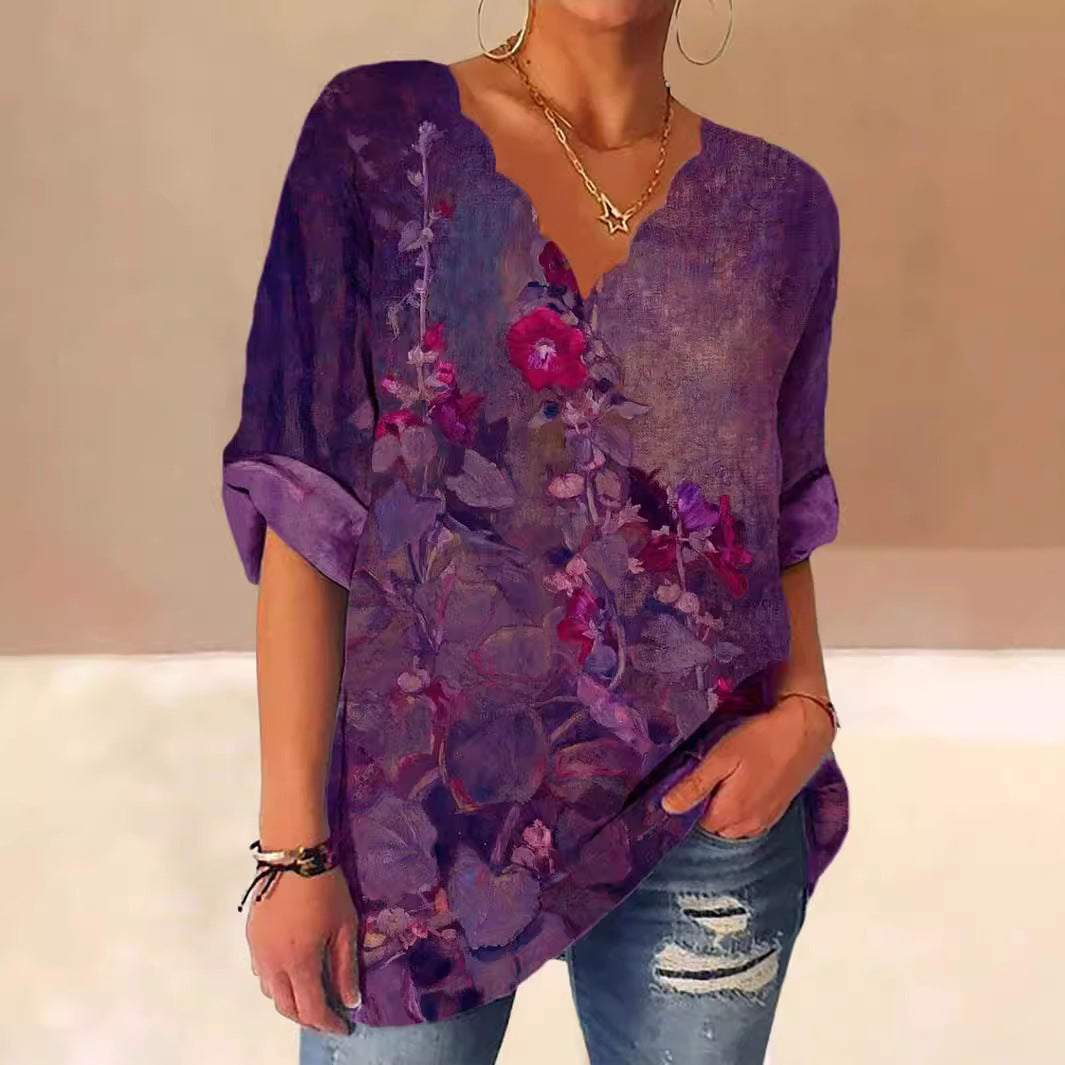 Damen Lockere Bluse mit Welligem V-Ausschnitt und Aquarell Floral Print – Élovi