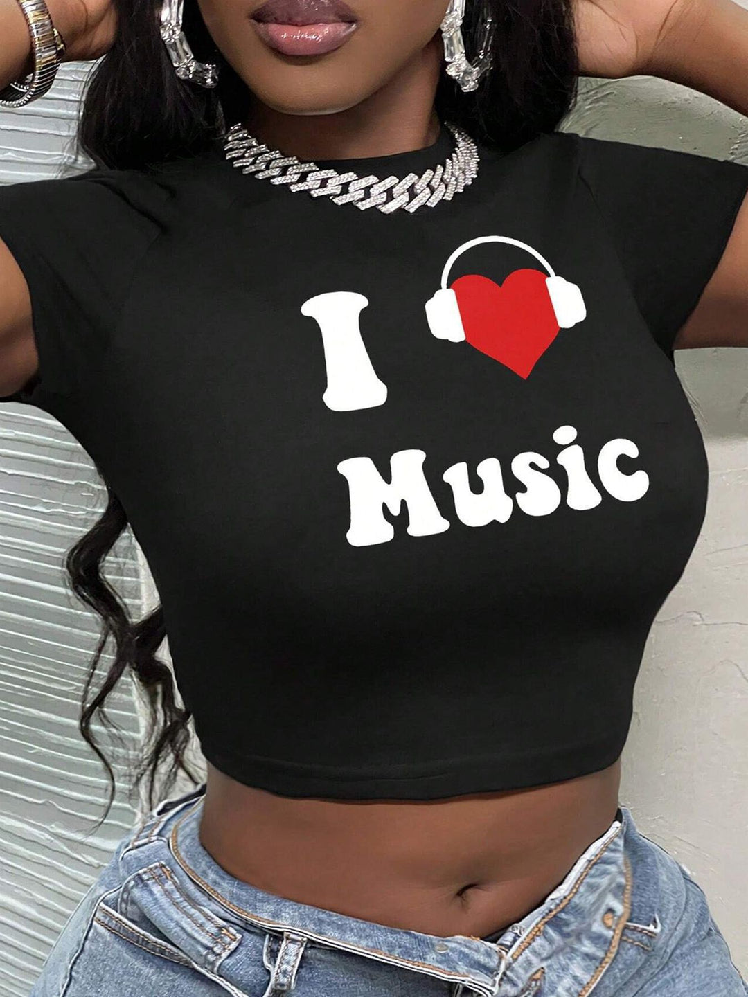 Damen Crop-T-Shirt mit künstlerischem Lippenmotiv und kreativem Druck Echo Archiv