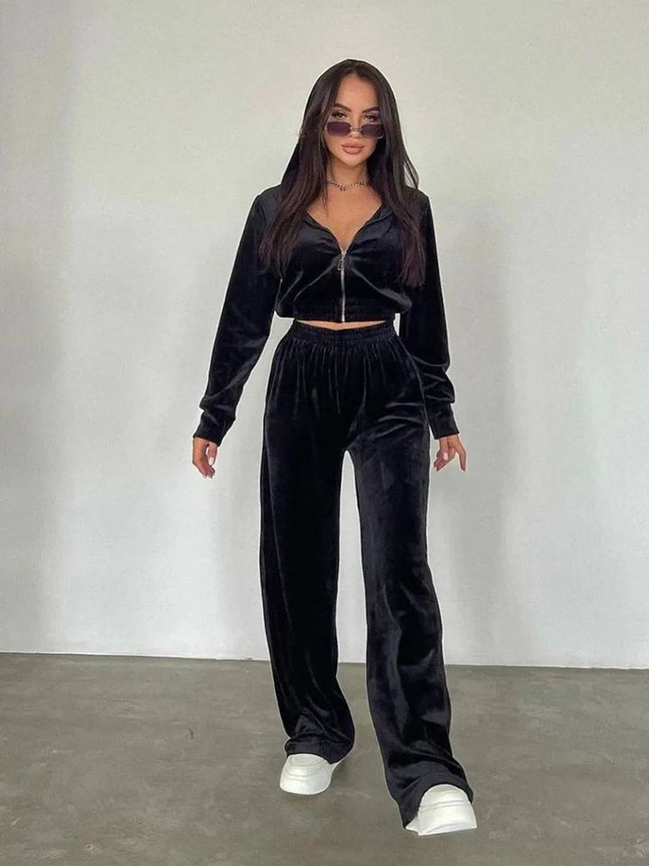 Damen nan Cropped Velours-Joggingset mit halbem Reißverschluss, gerafftem Komfortbund und breiten Bündchen Echo Archiv