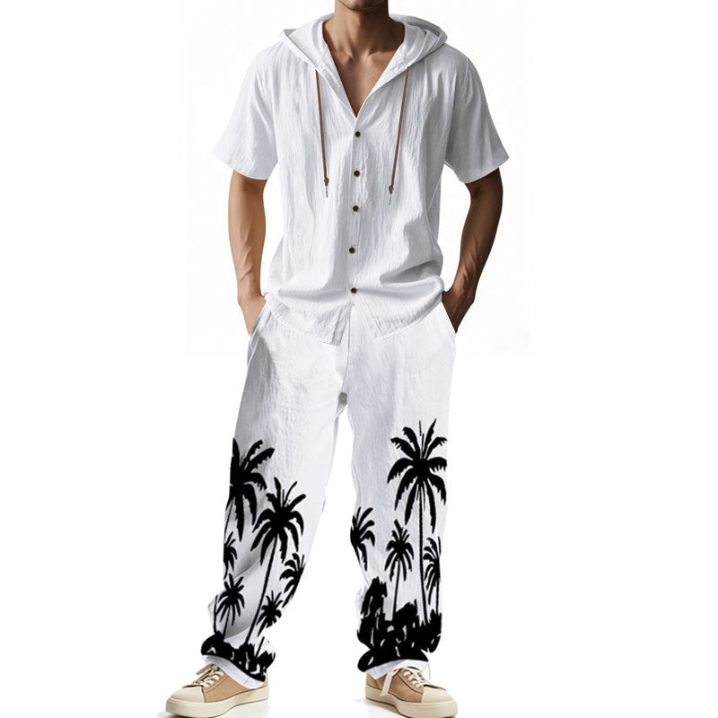 Herren lässiges Sommer-Outfit mit Kapuze und aufgedrucktem Palmenmuster Echoarchiv