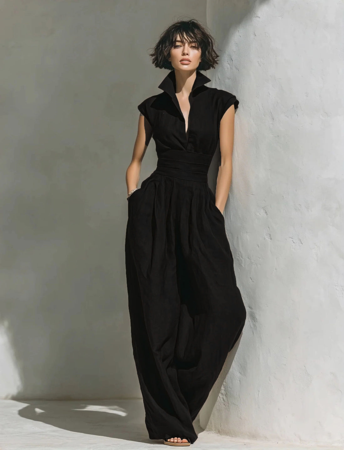 Damen Jumpsuit mit weitem Bein, tailliertem Wickelbund und Stehkragen Echoarchiv