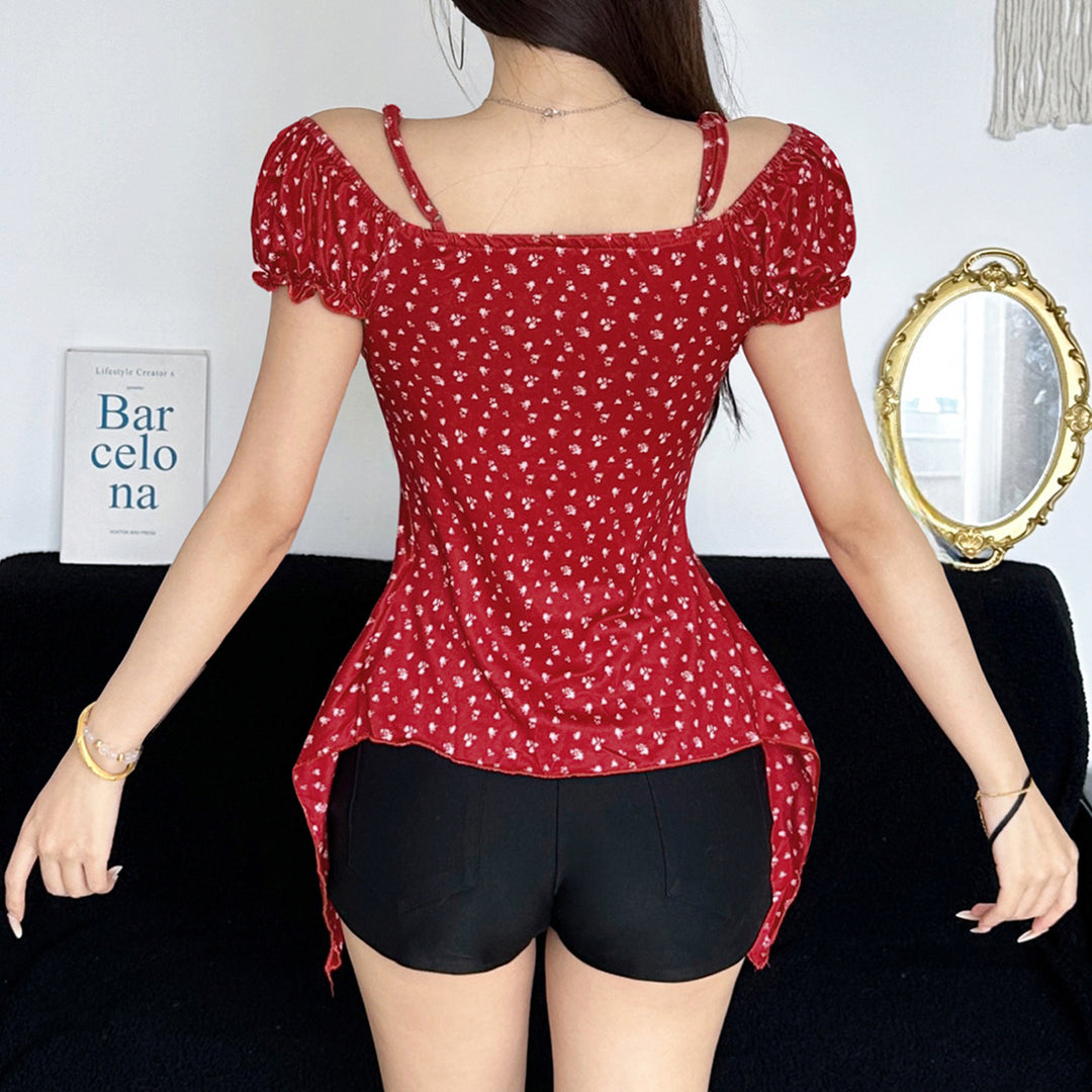 Damen Off-Shoulder-Oberteil mit süßem Blumenmuster und Raffung Echo Archiv