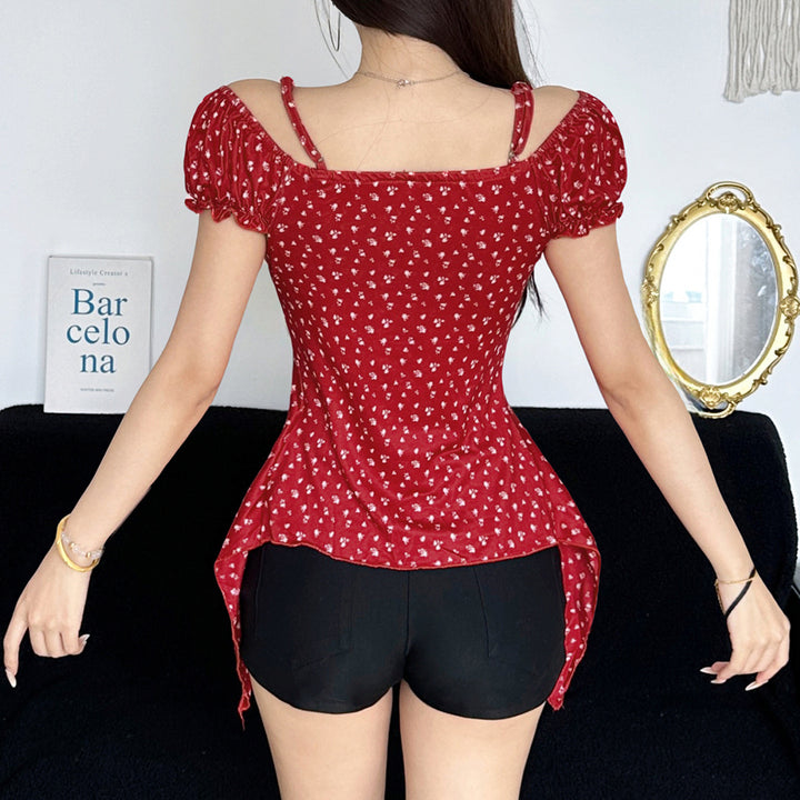 Damen Off-Shoulder-Oberteil mit süßem Blumenmuster und Raffung Echo Archiv