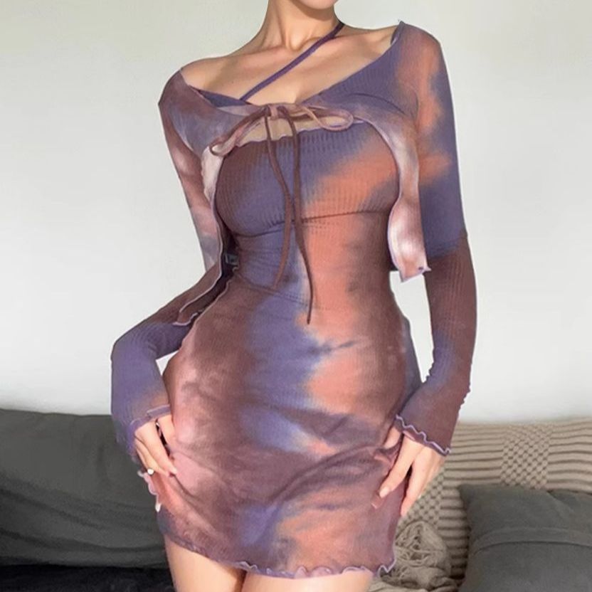 Damen Figürliches geripptes Minikleid mit Cut-Out-Bindung und Bolero-Detail – Élara