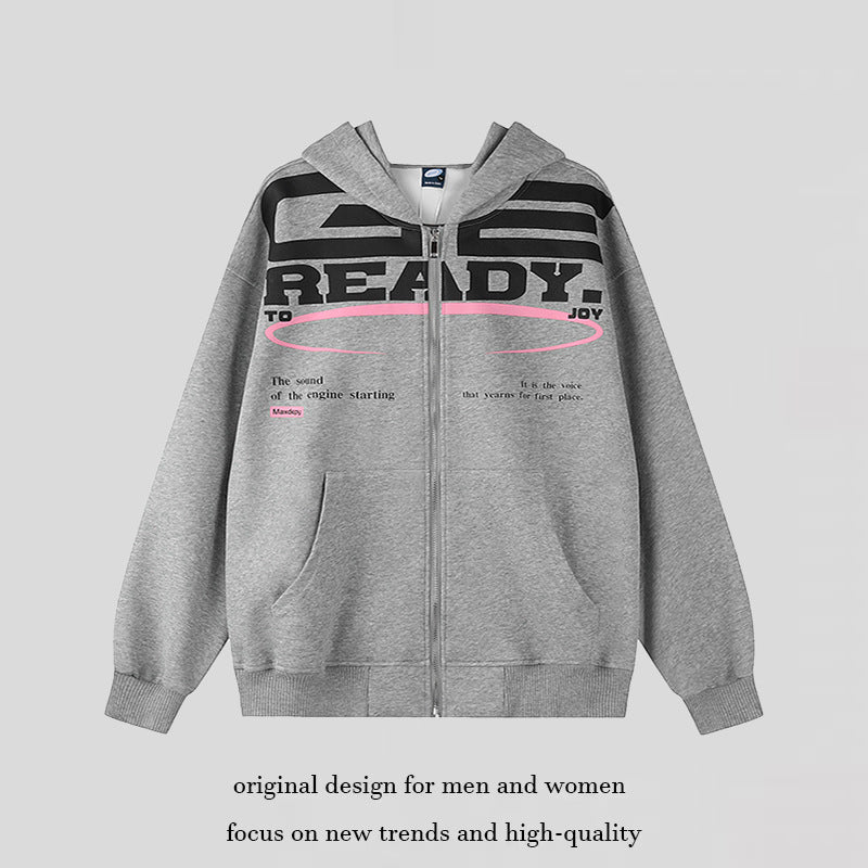 Damen Kapuzen-Sweatjacke mit durchgehendem Reißverschluss, Oversize-Schnitt und Statement-Frontprint Echoarchiv