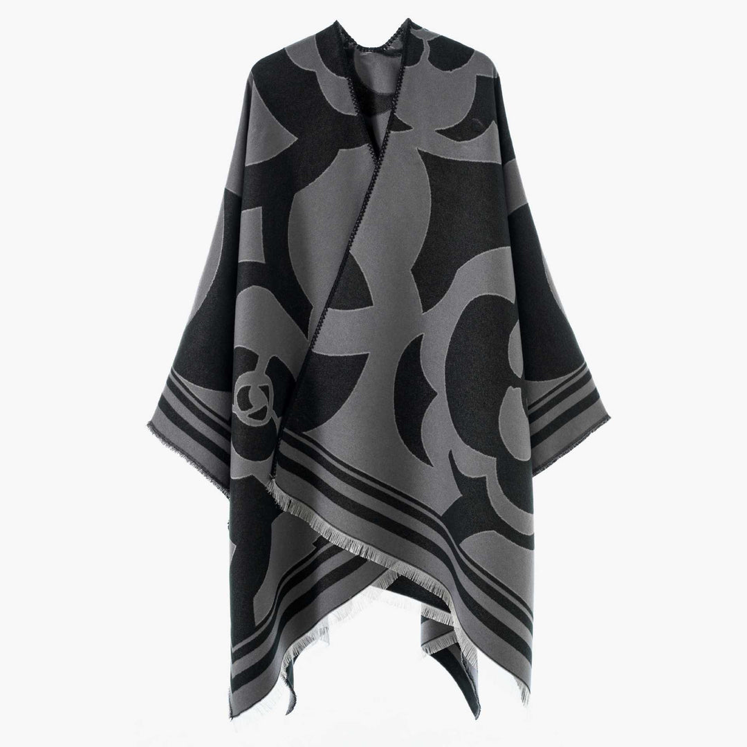 Damen Grobgewebter Jacquard-Überwurf mit großflächigem Ornamentmuster und Zierfransen – Avérine