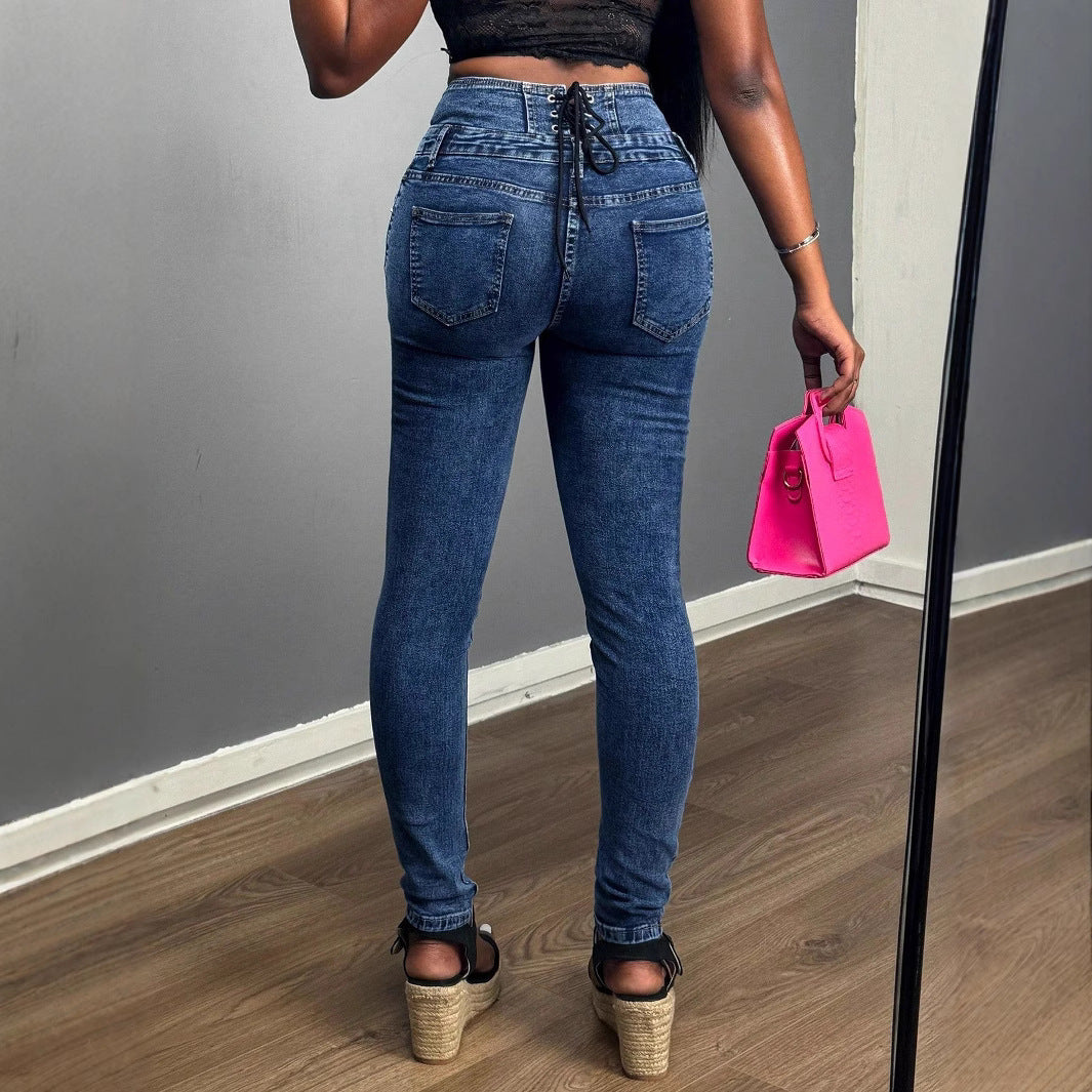 Damen hochtaillierte Skinny-Jeans mit dreifachem Knopfbund und formendem Sitz Echo Archiv