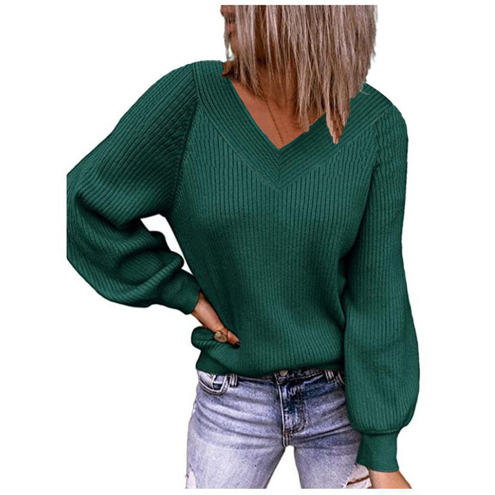 Damen Gerippter V‑Ausschnitt Pullover mit Ballonärmeln und lässiger Passform Echoarchiv