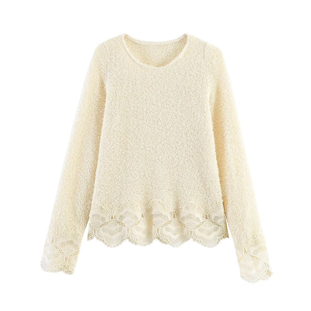 Damen Bouclé-Strickpullover mit Spitzenbesatz und gewelltem Saum Echo Archiv