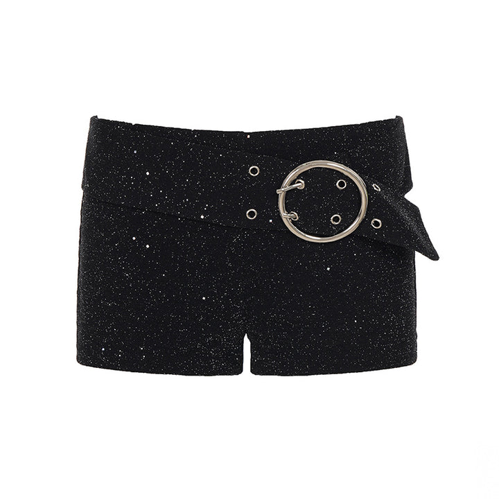 Damen Glitzernde Kunstleder-Shorts mit dekorativem Gürtel Echo Archiv