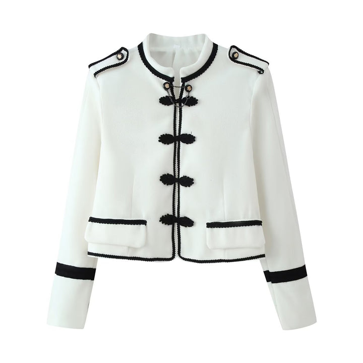 Damen Kurzjacke im Bouclé‑Look mit Mandarin‑Kragen, Kordelfroschverschluss und Zier‑Schulterklappen Echo Archiv