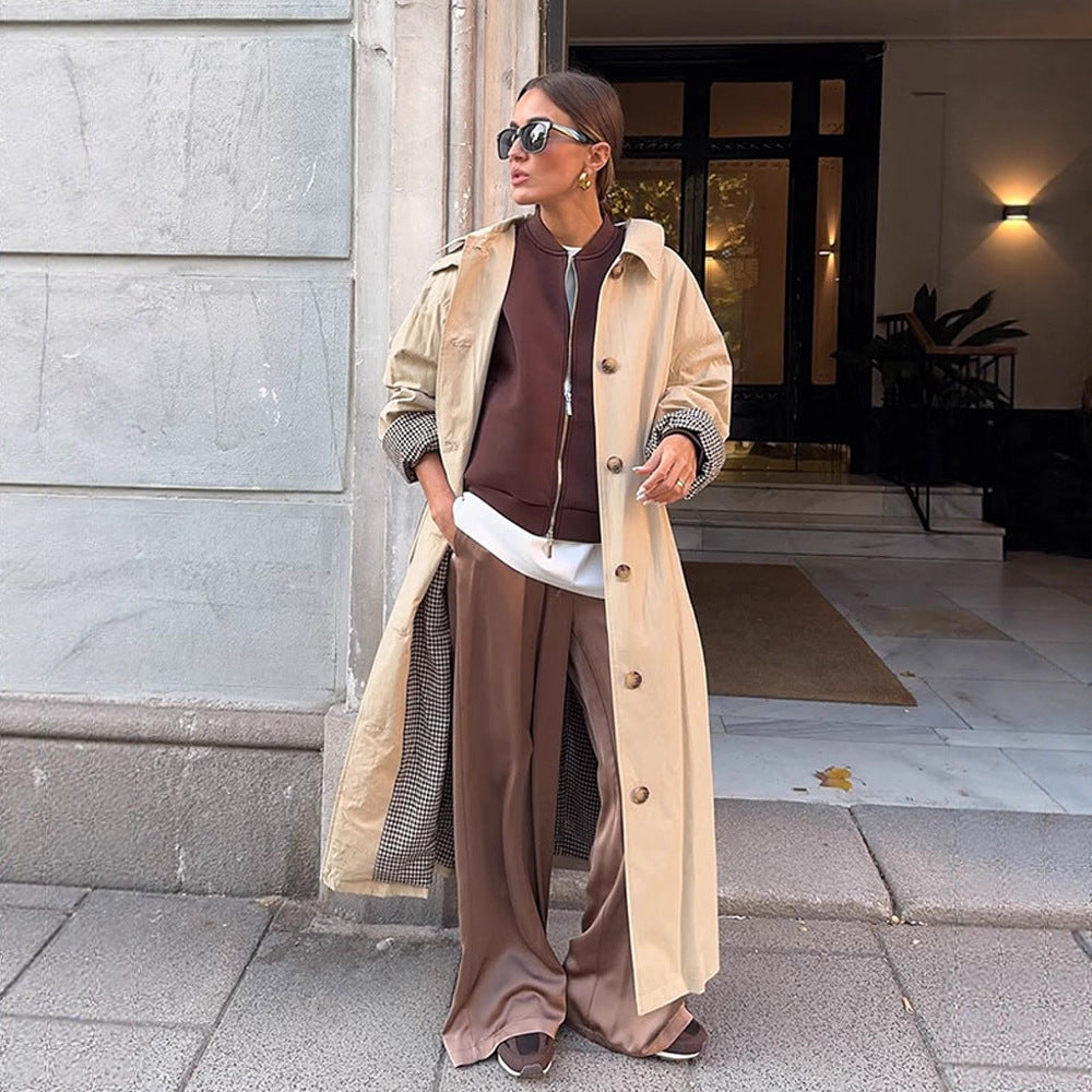 Damen Maxilanger Trenchcoat mit Karofutter, weitem Fall & klassischer Knopfleiste Echoarchiv