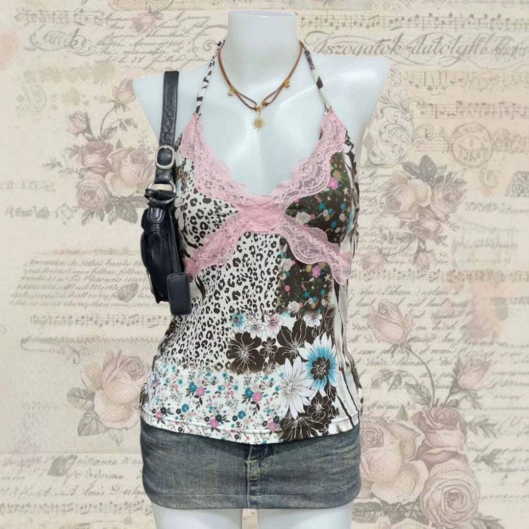 Damen Verspieltes Haltertop mit floralem und Leopardenmuster Echo Archiv