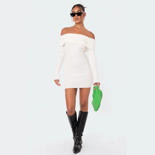 Damen Off-Shoulder Strickkleid mit figurbetontem Schnitt und Rippdetails Echo Archiv