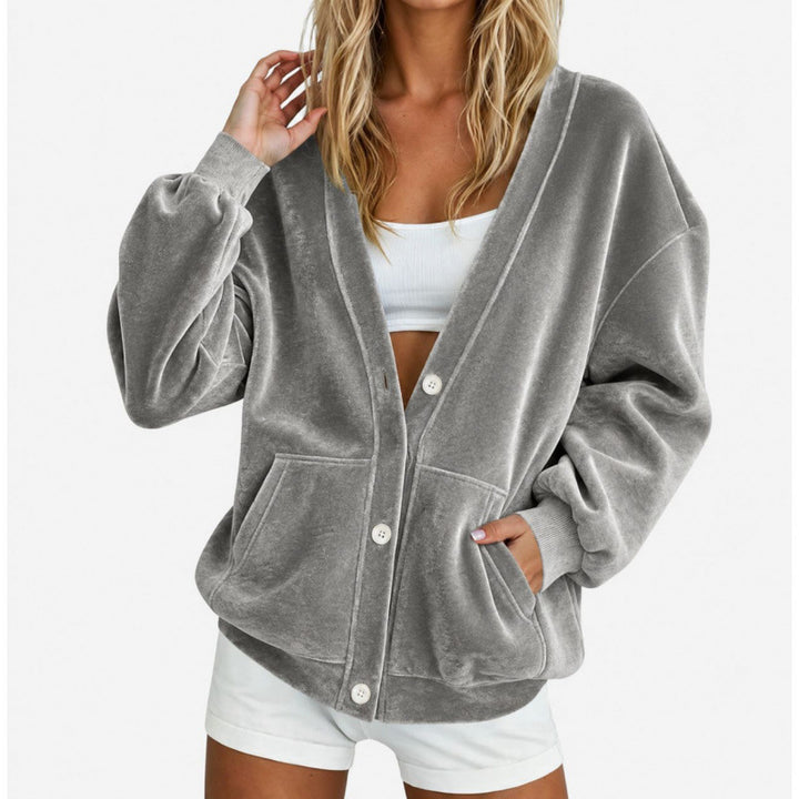 Damen Oversize-Relax-Cardigan aus Velours mit Knopfleiste und Eingrifftaschen Echoarchiv