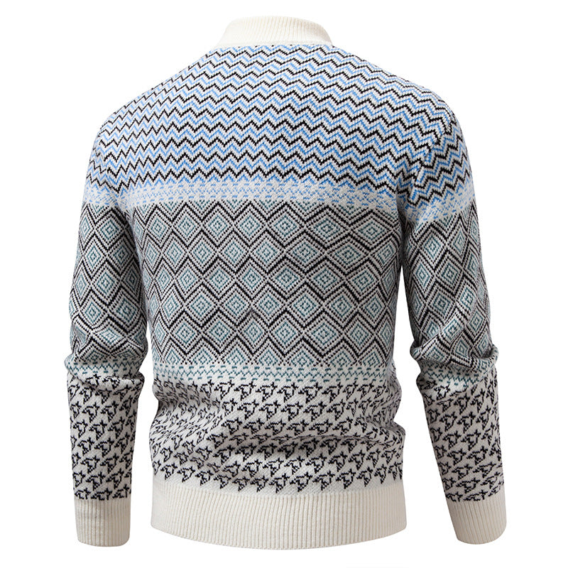 Herren Feinstrick-Mockneck-Pullover mit geometrischem Jacquard und gerippten Abschlüssen Echo Archiv