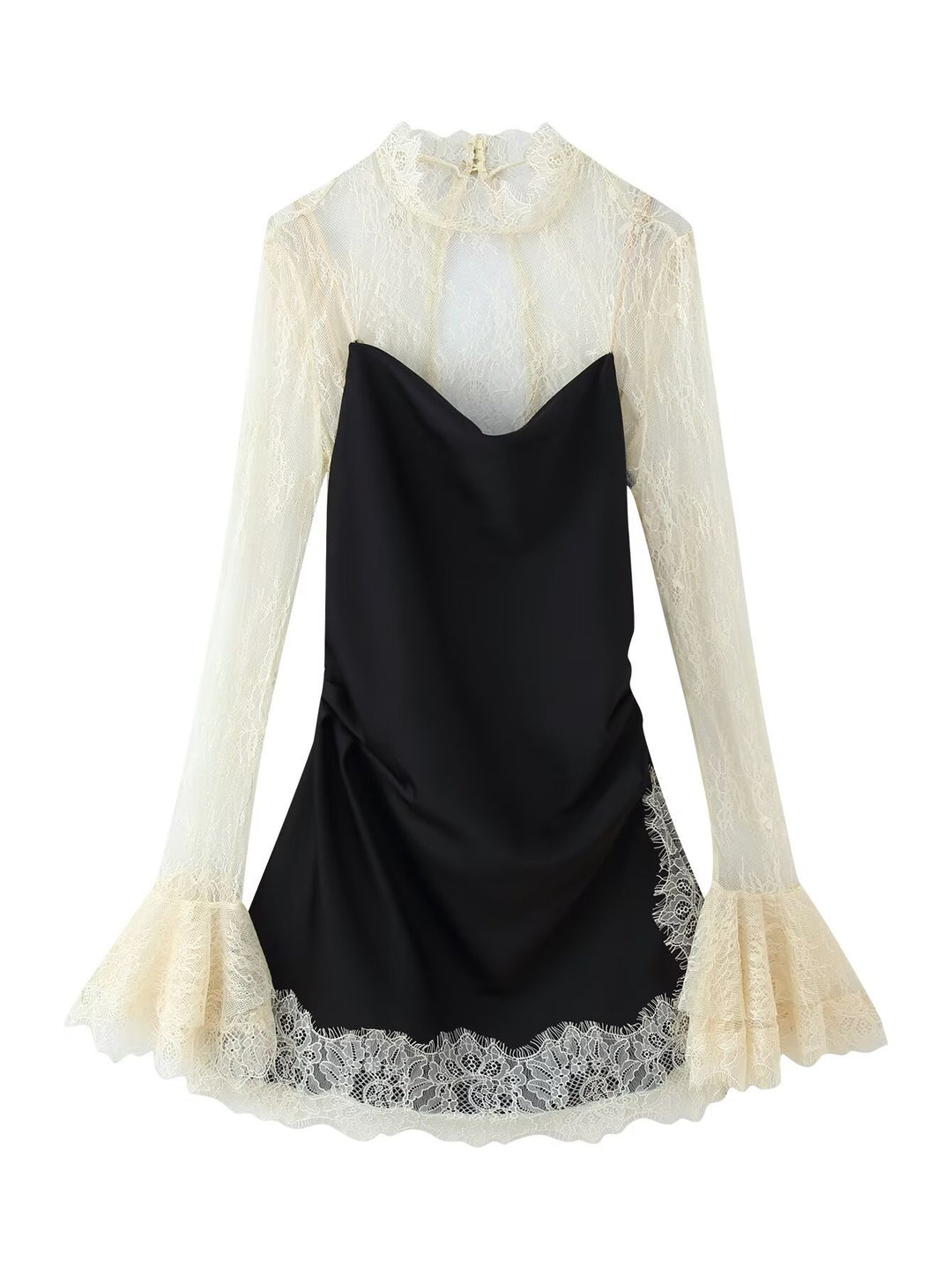 Damen Elegantes Slipkleid mit Spitzen-Overlay, Stehkragen und Volantärmeln Echoarchiv