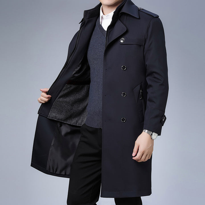 Herren Trenchcoat langer Doppelreiher mit Reverskragen und Epauletten – Montevé