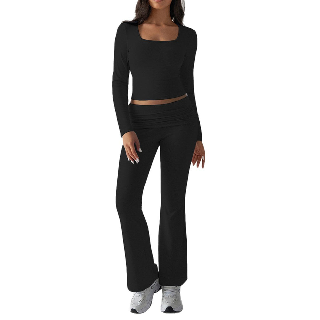 Damen figurbetontes Cropped-Set mit langärmeligem Top mit quadratischem Ausschnitt und ausgestellter High‑Waist Yoga-Hose – Avérine