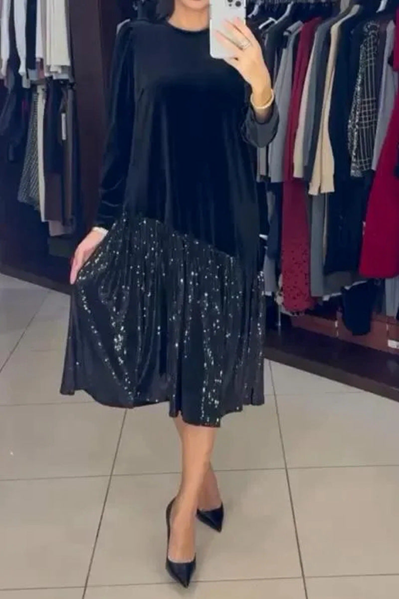 Damen nan Samt-Midikleid mit plissiertem Paillettenrock, lockerem A-Linien-Schnitt und Rundhalsausschnitt Echo Archiv