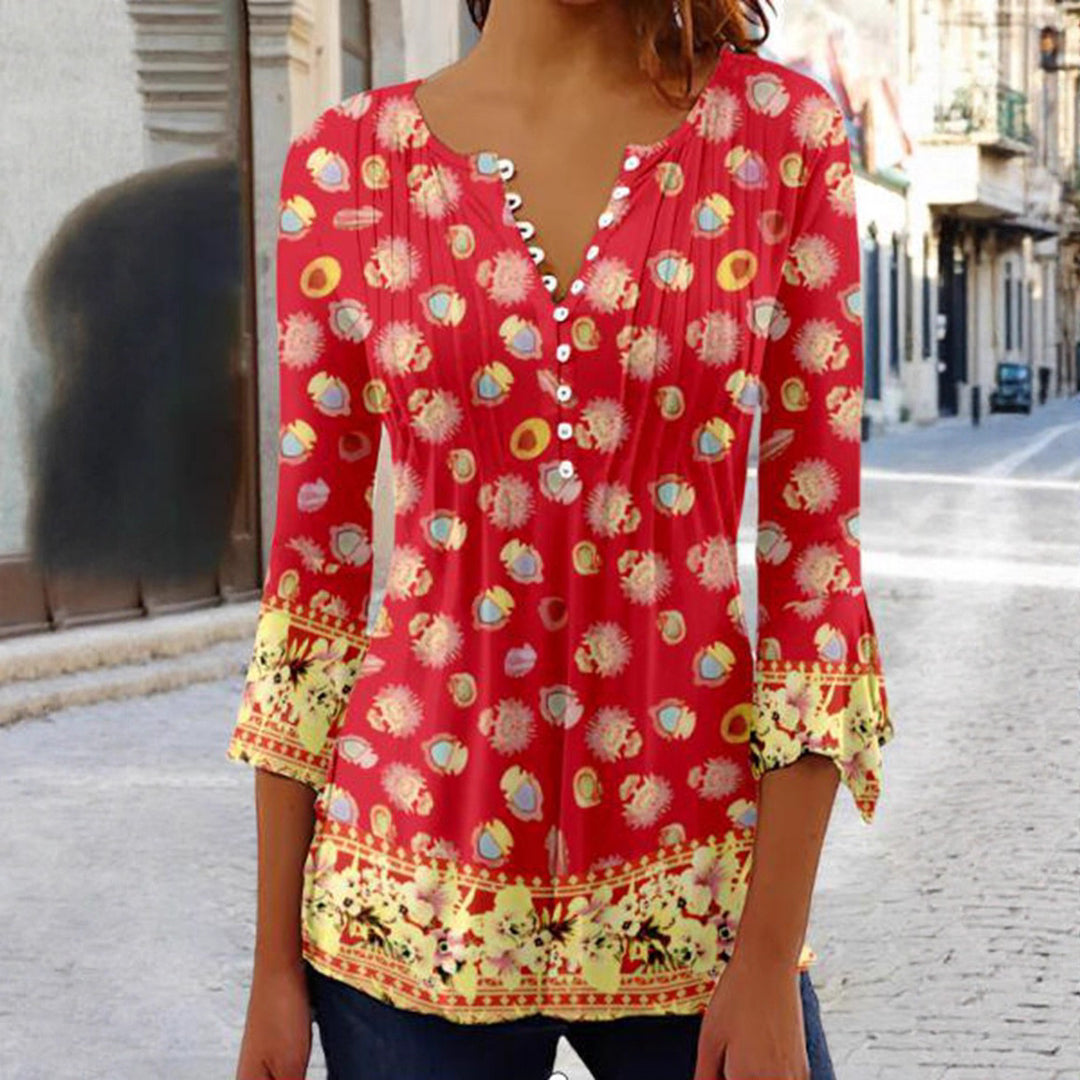 Damen nan leichte Boho-Bluse mit V-Ausschnitt, Zierfalten, Knopfleiste und dreiviertelärmeln Echo Archiv