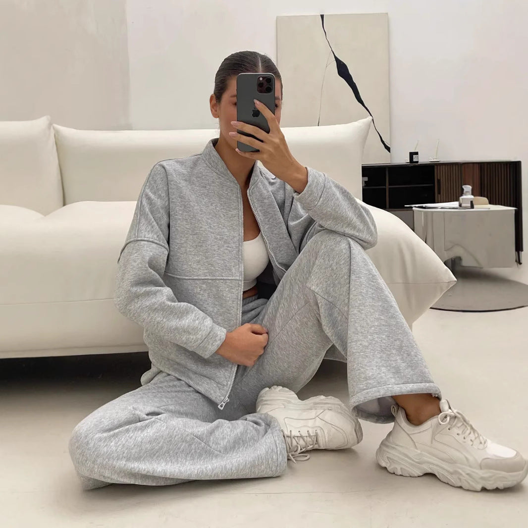 Damen lässiges Zip-Lounge-Set mit Stehkragen und weitem Highwaist-Joggpant – Auréline