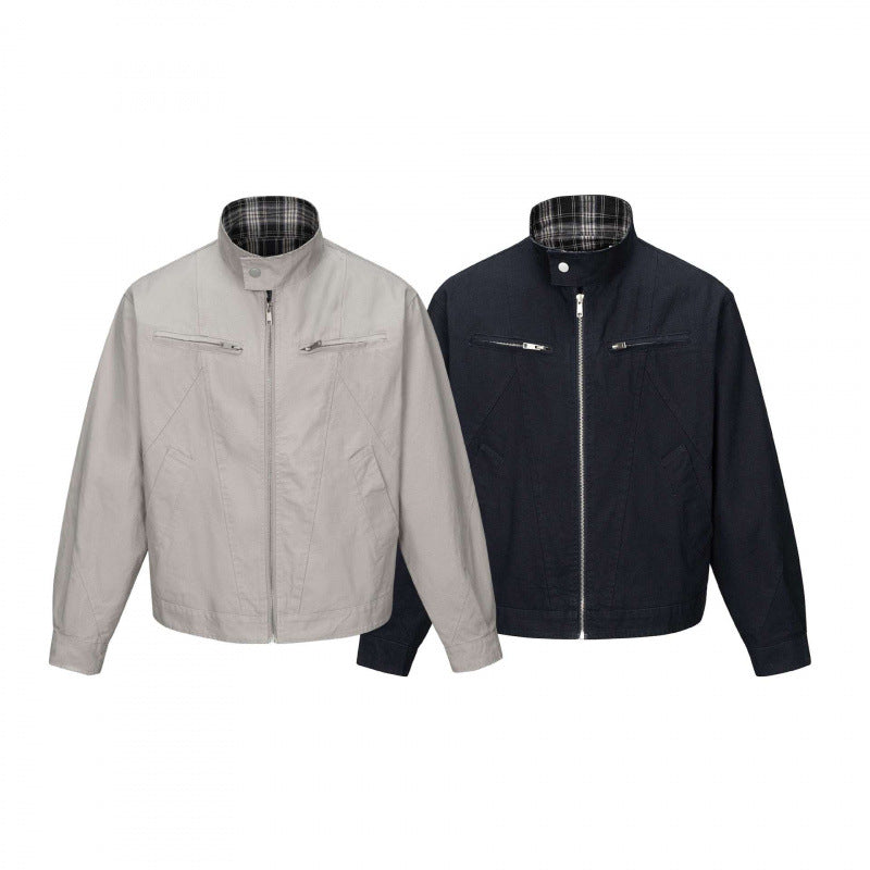Herren Kurz geschnittene Canvas-Blousonjacke mit Stehkragen, Reißverschlusstaschen und kariertem Futter Echo Archiv