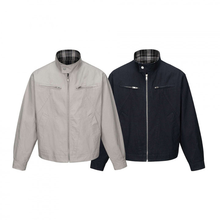 Herren Kurz geschnittene Canvas-Blousonjacke mit Stehkragen, Reißverschlusstaschen und kariertem Futter Echo Archiv