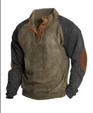 Herren nan rustikaler Raglan-Strickpullover mit Kurzknopfleiste und Veloursbesatz Echo Archiv