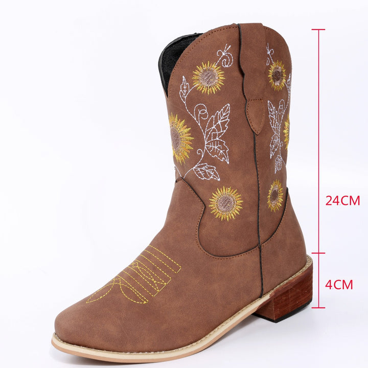 Damen Bestickte Western‑Stiefel mit Sonnenblumenmotiv und mittlerem Blockabsatz Echo Archiv