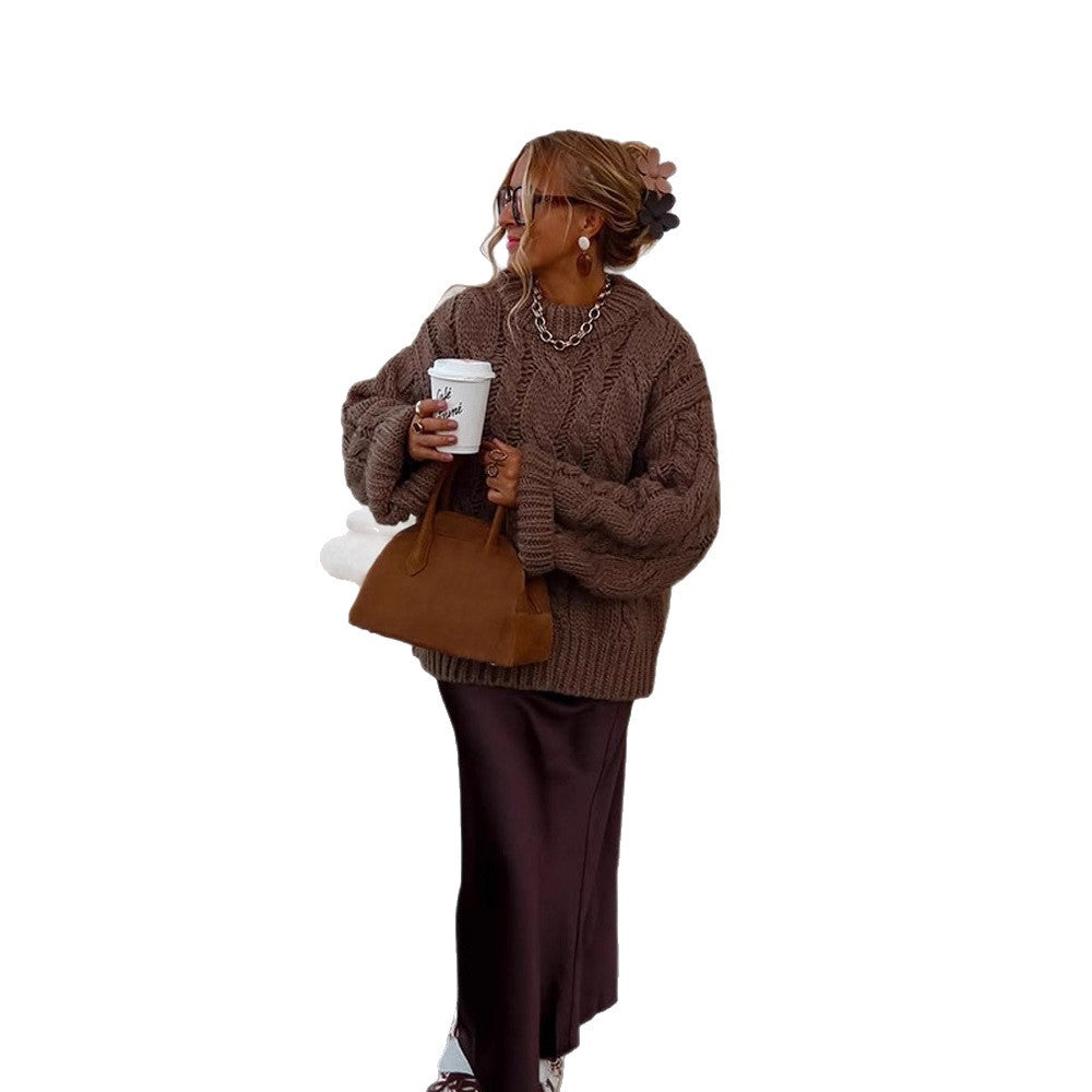 Damen Oversize Grobstrickpullover mit Zopfstrick, hohem Kragen und verlängerten Ärmeln Echoarchiv