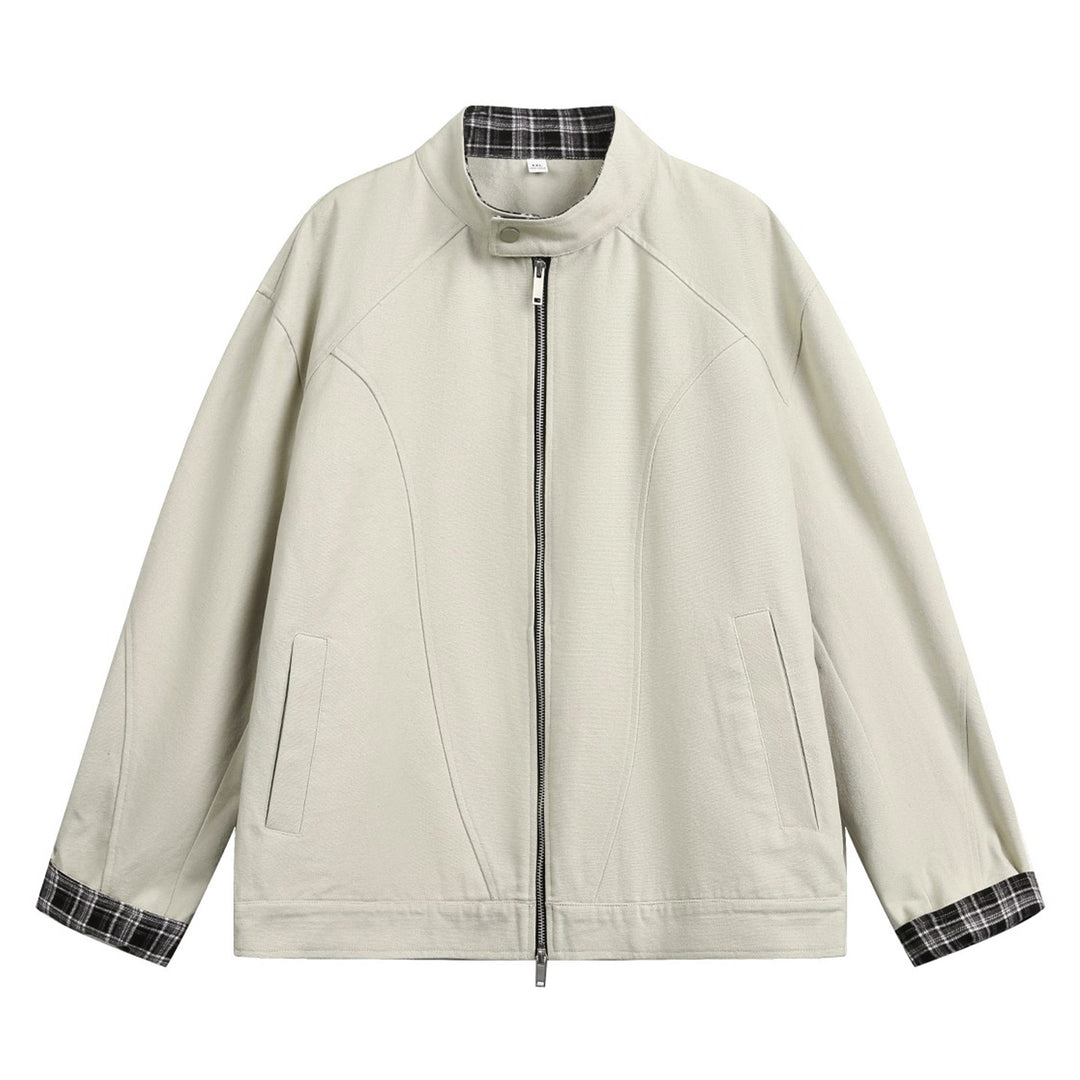 Unisex Boxy-Übergangsjacke mit Stehkragen kariertem Innenfutter und Zweiwege-Reißverschluss Echo Archiv