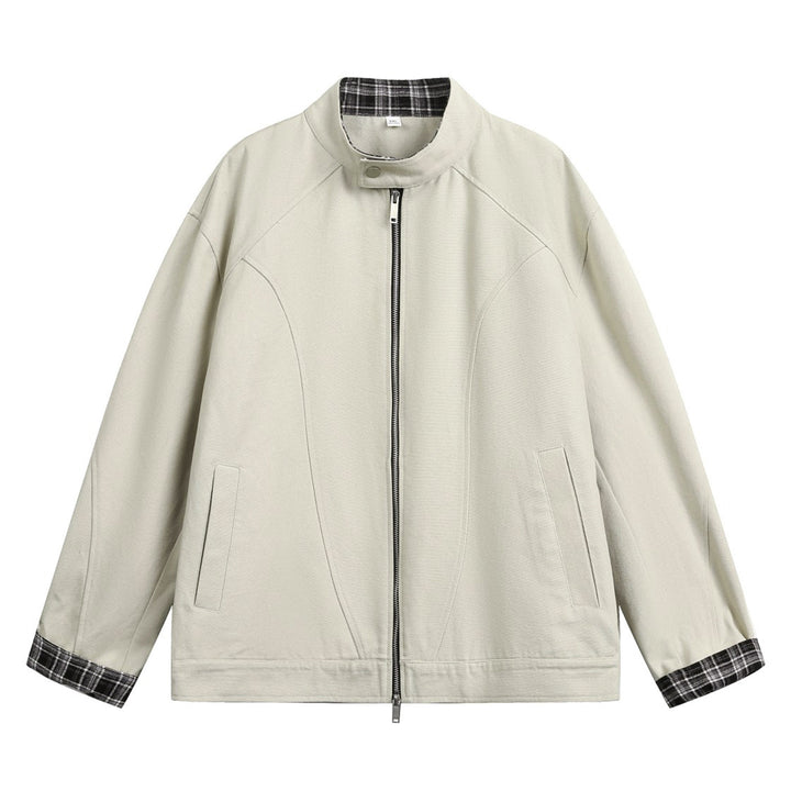 Unisex Boxy-Übergangsjacke mit Stehkragen kariertem Innenfutter und Zweiwege-Reißverschluss Echo Archiv