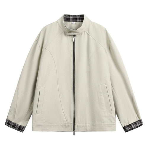 Unisex Boxy-Übergangsjacke mit Stehkragen kariertem Innenfutter und Zweiwege-Reißverschluss Echo Archiv