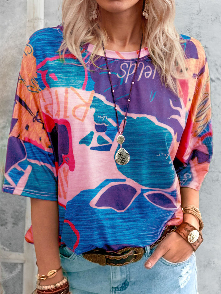 Damen Lockere Viskose Druckbluse mit halblangen Ärmeln und Rundhalsausschnitt – Élovi