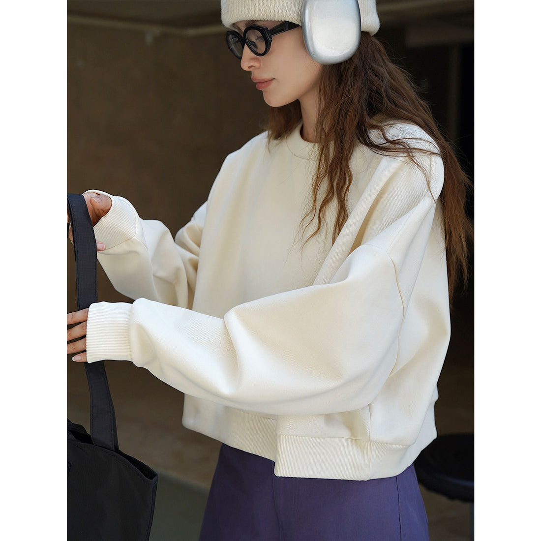 Damen Kurzes Oversize-Sweatshirt mit Raglanärmeln und Rippbündchen Echoarchiv