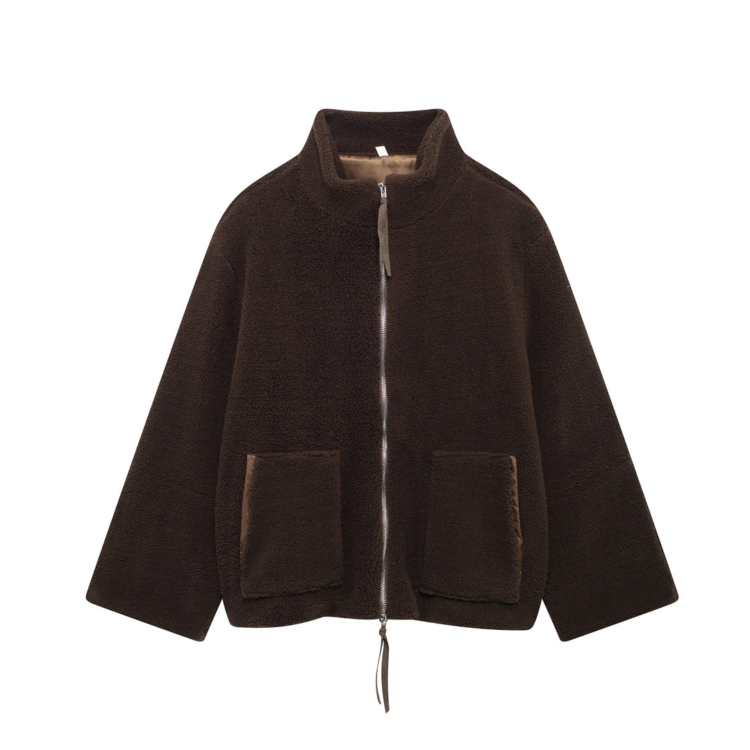 Damen Teddy-Fleece-Jacke mit Stehkragen und Lederoptik-Details Echo Archiv